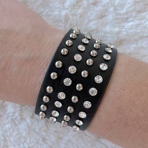 Adjustable Leather Studded Rhinestone Cuff